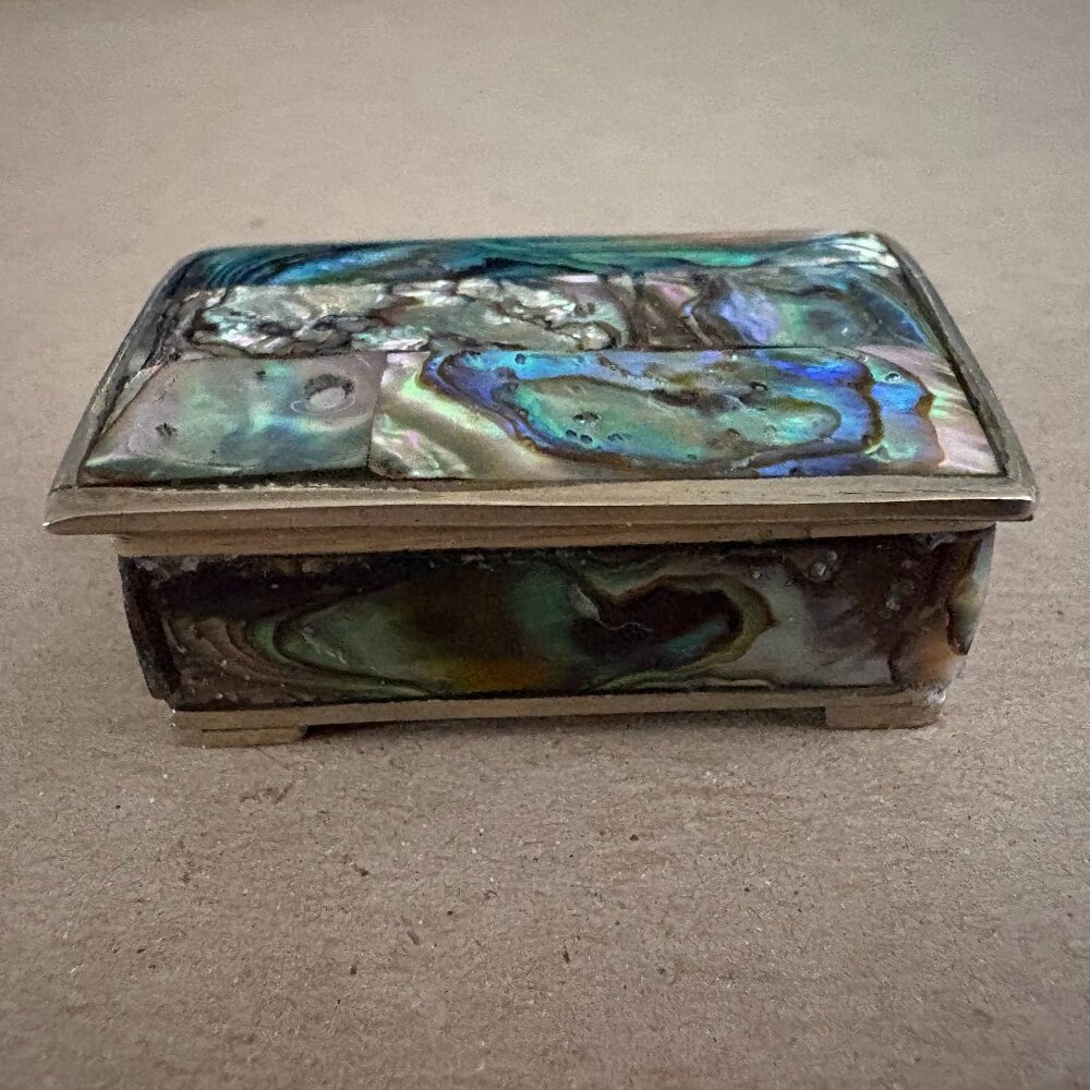 Vintage Mexican alpaca & abalone rectangular hinged velvet lined trinket box